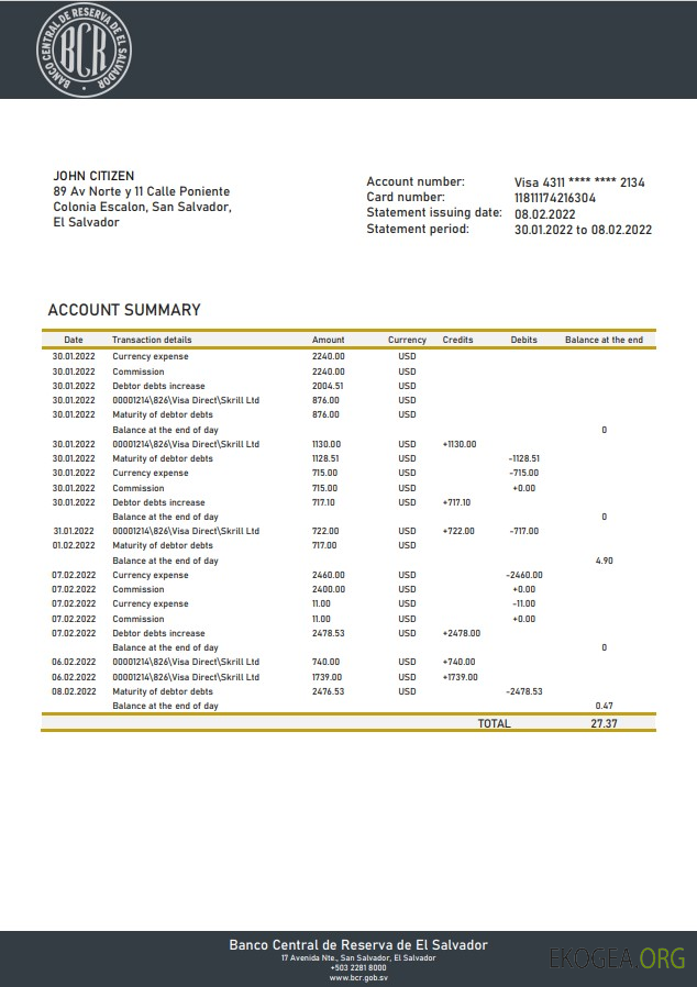Relevé bancaire de Salvador Banco Central de Reserva de El Salvador